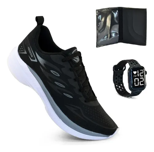 Tênis Masculino Esportivo Academia Treino + Carteira Relogio Preto - Cinza 42 Br