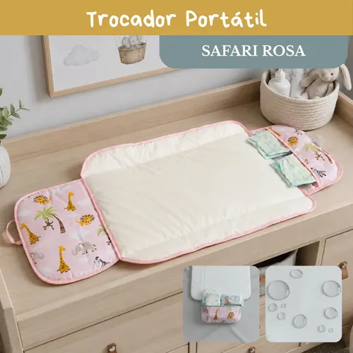 Trocador De Fralda Bebê Impermeável Dobrável Compacto Lindas Estampas Safari Rosa