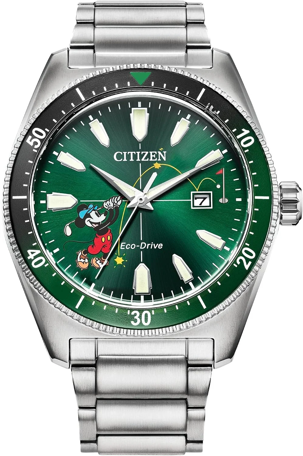 Citizen Relógio masculino Eco-Drive Disney Mickey Mouse "Tee Time" de aço inoxidável, mostrador verde, data com 3 ponteiros, luminoso, 43 mm (modelo: AW1595-78W), Prateado e verde, 9 inches, Moderno