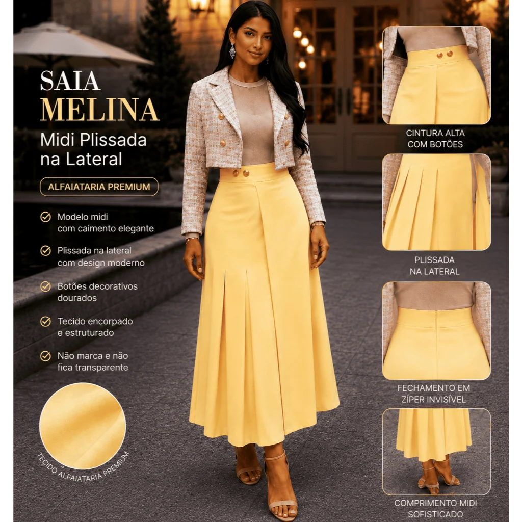 Saia Melina Feminina Midi Plissada na lateral em Tecido Marrant Cintura Alta Chegou Reposição