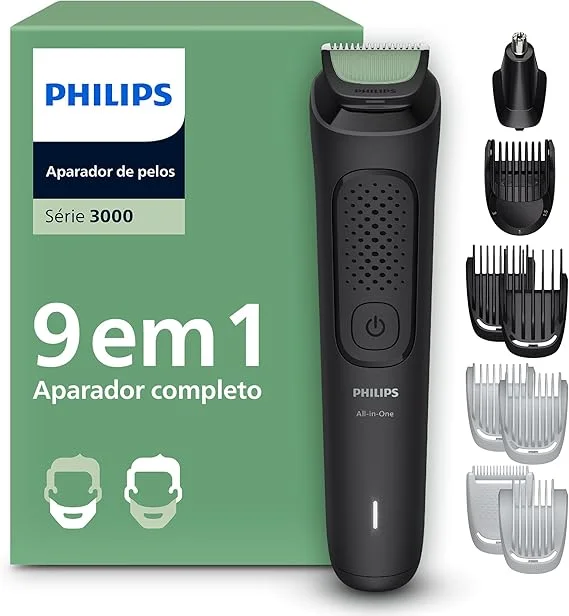 Aparador de Pelos Philips All-in-One 9 em 1 Série 3000 | Máquina para Rosto, Cabelo e Corpo | Barbeador Elétrico Multigroom | MG3927/15