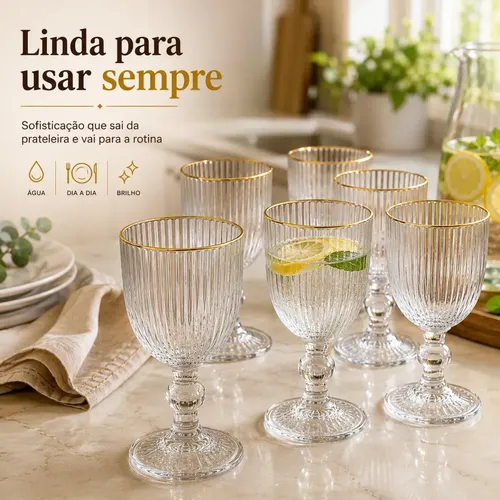 Kit De 6 Taças De Vidro Canelado Com Borda Dourada Para Água, Vinho E Suco Pratitudo Essencial Versalhes Gold 340 Ml Transparente Com Borda Dourada