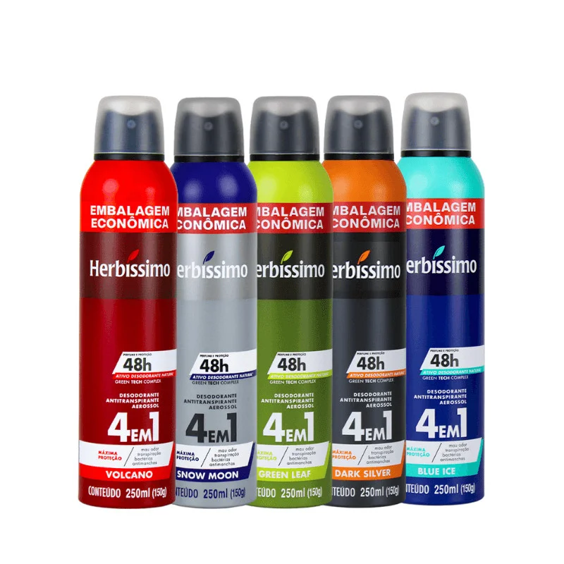 Kit Desodorante Antitranspirante Aerossol Herbíssimo 250ml  Embalagem Econômica - Fragrâncias Variadas (5 unidades)