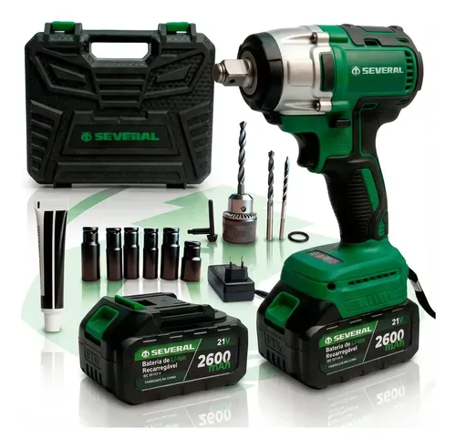 Chave De Impacto Parafusadeira Furadeira Recarregável 21v Several 2600mah Maleta Ferramentas Verde
