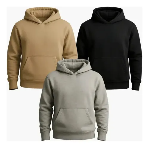 Kit 3 Moletom Canguru Liso Flanelado Blusa De Frio Unissex G Kit Bege / Preto / Cinza