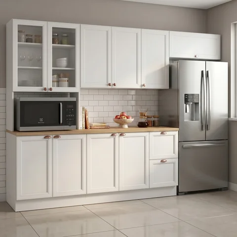 Cozinha Completa Modulada Americana 4 Peças com Paneleiro Torre Quente e Balcão com Tampo Unna Yesca