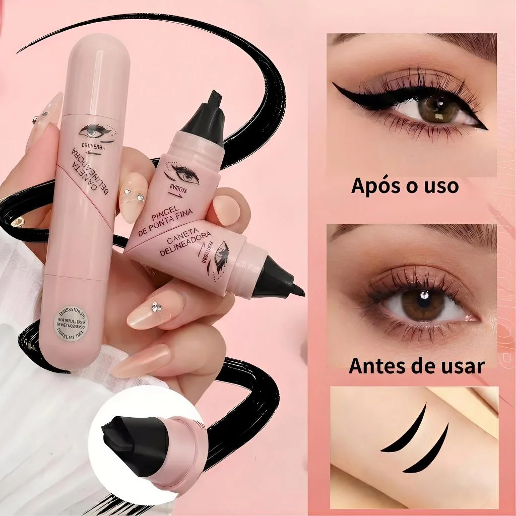 Caneta Delineadora Carimbo Ponta Dupla | Delineado Gatinho Perfeito em Segundos | À Prova D’Água e Longa Duração