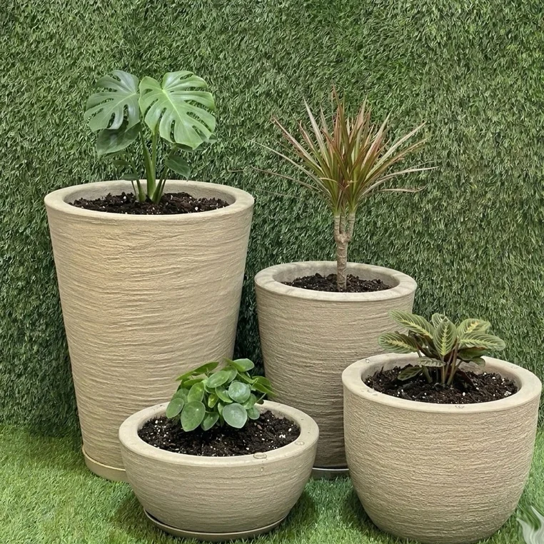 Kit 4 Vasos Texturizados Planta Flor Polietileno Coluna Redonda N1 N2+ Bojo N1+Bacia N1 com Prato