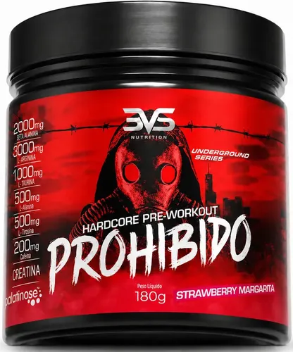 PRÉ TREINO PROHIBIDO 180g Sabor Strawberry Margarita (Morango) - Fórmula Avançada contendo Creatina, Beta Alanina, Taurina, L-tirosina, L-alanina, Cafeína, Arginina e Palatinose - Extra Forte