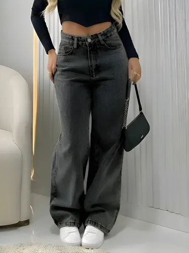 Calça Jeans Wide Leg Feminina Cintura Alta Pantalona Preto Black Marmo Liso 34