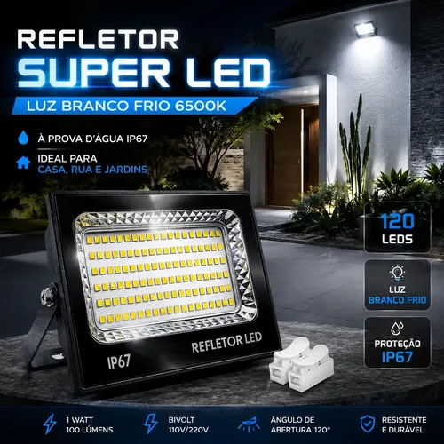 Kit 2 Refletor Super Led 400w Ip67 Holofote Bivolt Prova D'água Branco Frio 6500k Preto 127/220v