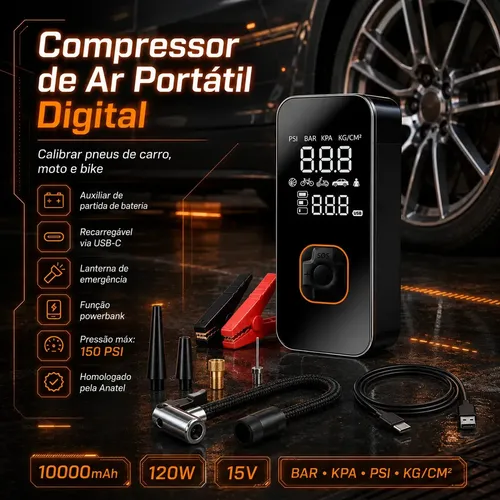 Auxiliar de Partida de Bateria Veicular Portátil Com Compressor de Ar Para Carro e Moto