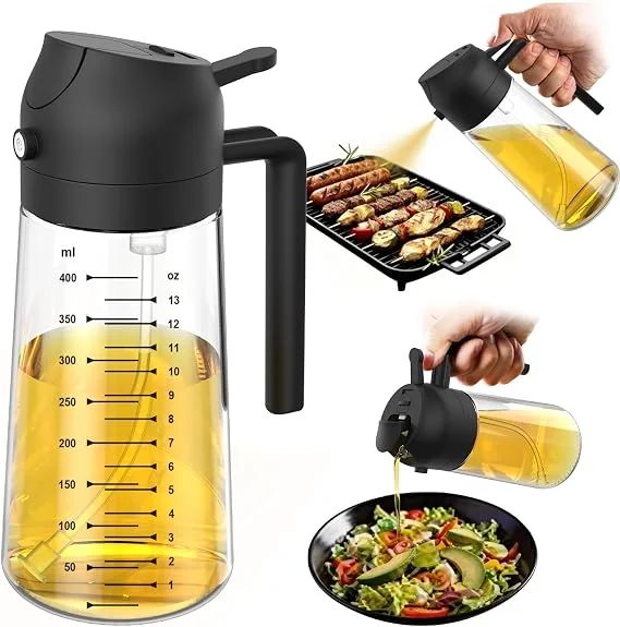 TrendPlain Pulverizador de azeite de oliva de vidro de 470 ml para cozinhar – Frasco dispensador de azeite 2 em 1 para utensílios de cozinha e acessórios de fritadeira de ar, salada, churrasco - preto