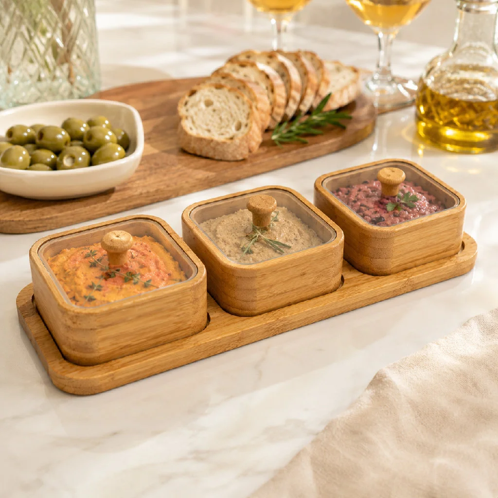 Petisqueira com 3 ou 6 Potes Tampa de Acrílico e Bandeja para Servir em Bambu Natural Pronta Entrega