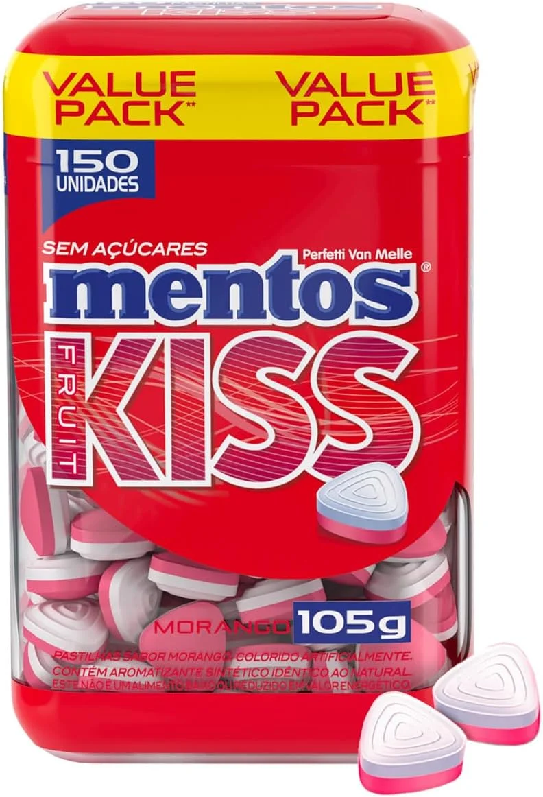 Pastilhas, Mentos, Kiss, Sem Açúcar, Sabor de Morango - 105g | 150 Unidades