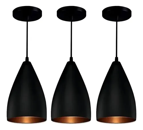 Luminária Pendente Teto Vegas Alumínio Preto 3 Unidades