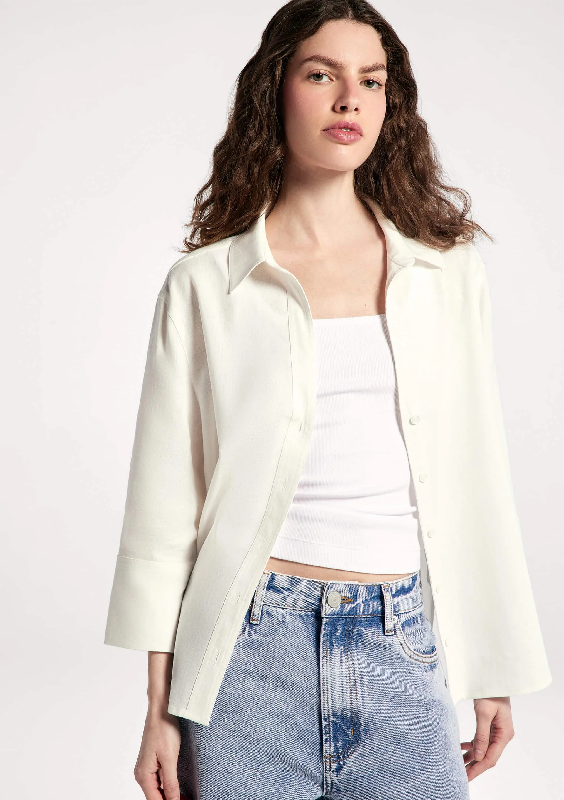 Camisa Feminina Manga 7/8 Com Linho - Off white