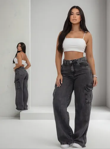 Calça Wide Cargo Jeans Feminina