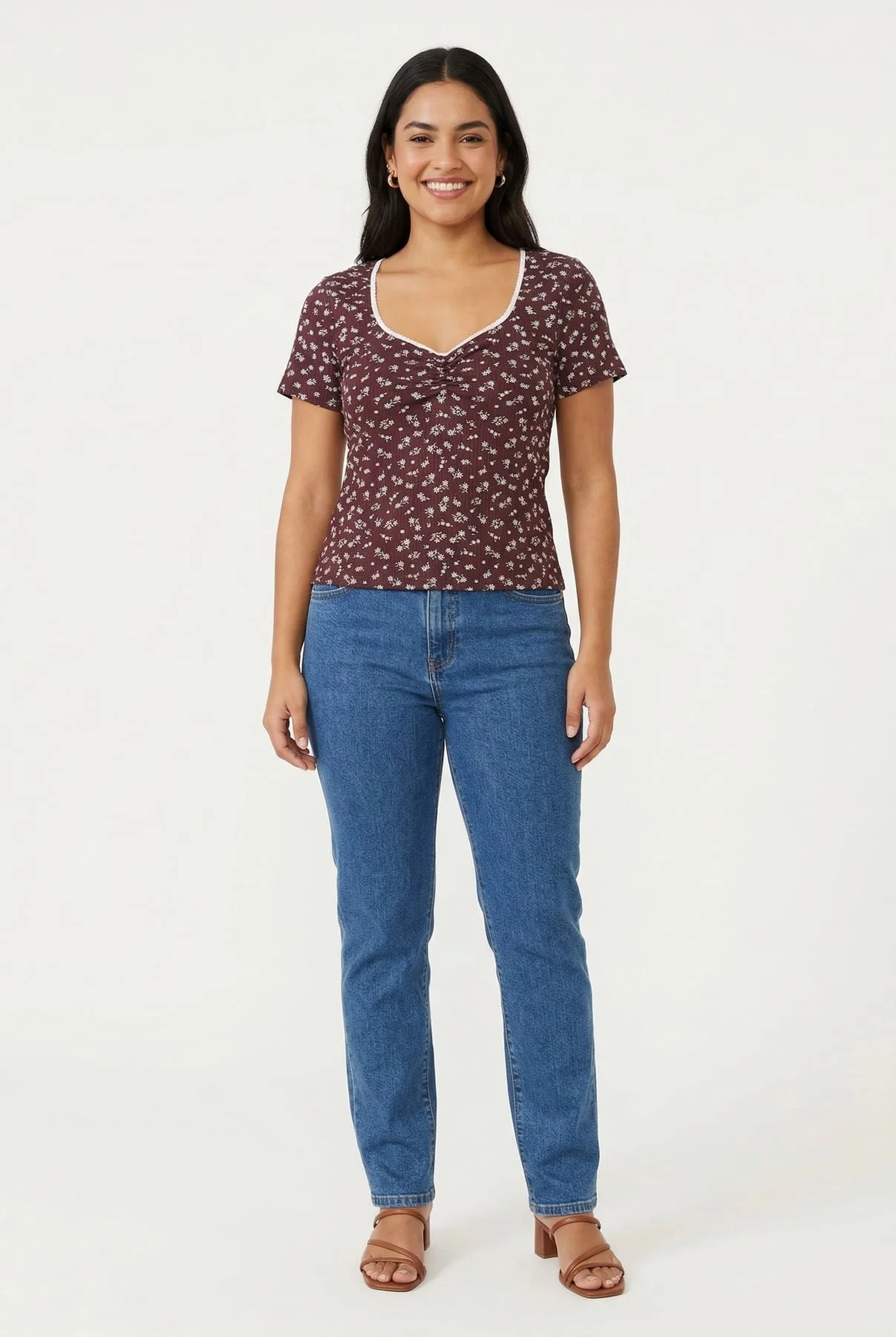 Blusa Feminina Floral com Detalhe em Renda e Franzido - imagem 1