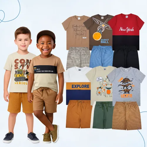 Kit 6 Peças Infantil Verão Menino 3 Camisetas + 3 Bermudas