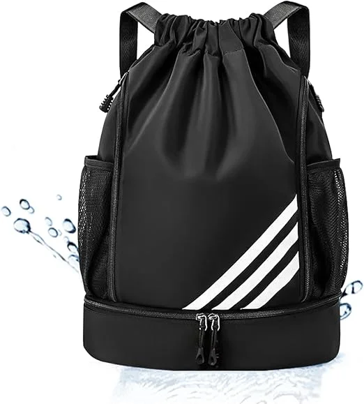 Mochila Esportiva com Cordão, Separação seca e húmida, Mochila de grande capacidade para viagens de lazer, Bolsos Laterais em Malha, Preto com Listras