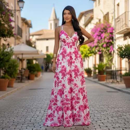 Vestido Longo Feminino Floral Estampado Alcinha Decote Verão Estampa Rosa Cor 36 - 42