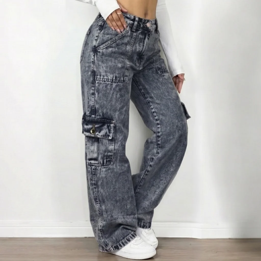 Calça Jeans Feminina Cargo Wide Leg Marmorizada Pantalona Boca Larga Bolso Lateral