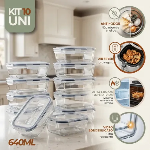 Kit 10 Pote De Vidro Marmita Hermético 640ml Freezer Fitness Rishon