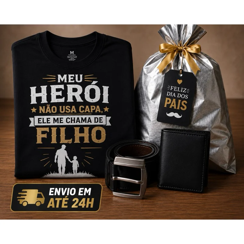 🔥 KIT DIA DOS PAIS COMPLETO – Camiseta + Cinto + Carteira + Embalagem Presente 🎁