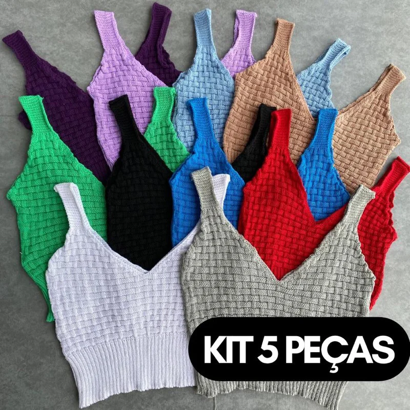 KIT 5 PEÇAS Cropped Top Alcinha Tijolinho moda tricot feminino blogueira combo tricô