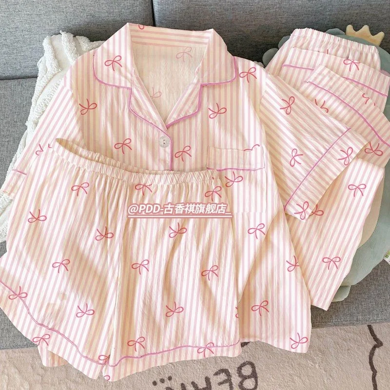 Conjunto De Três Peças De Verão : Pijama Fino Em Nuvem Para Mulheres , Lindo E Doce , Nó De Borboleta , Roupa De Casa
