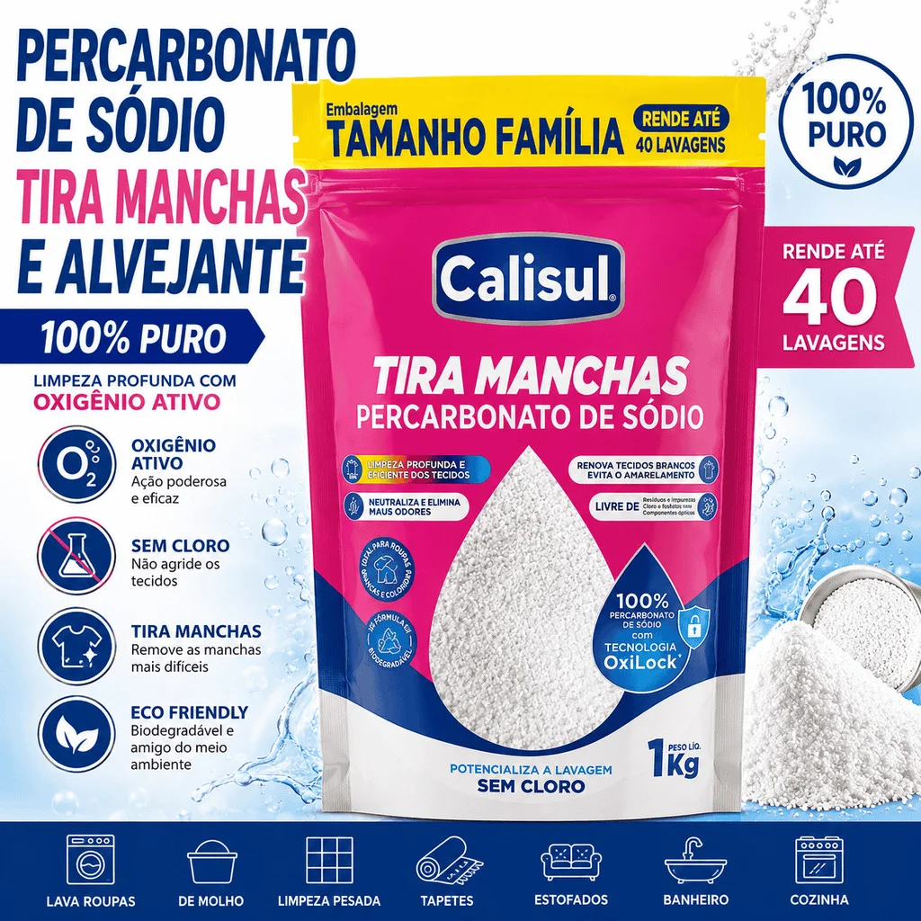 Percarbonato de Sódio 500g / 1kg /2kg 100% Puro Calisul Tira Manchas Alvejante Sem Cloro Limpeza Profunda Roupas Brancas