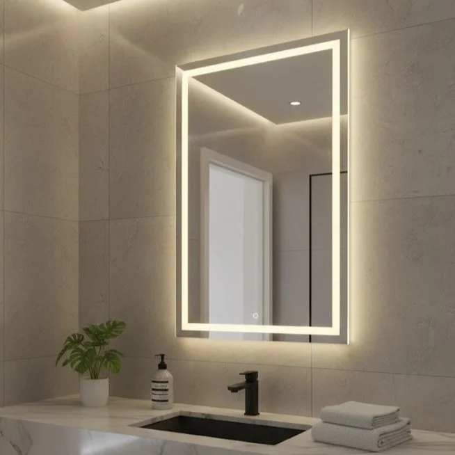 Espelho Grande com Led 3 cores e Touch Jateado Fino 70x50cm Lapidado para Banheiro e Decoração