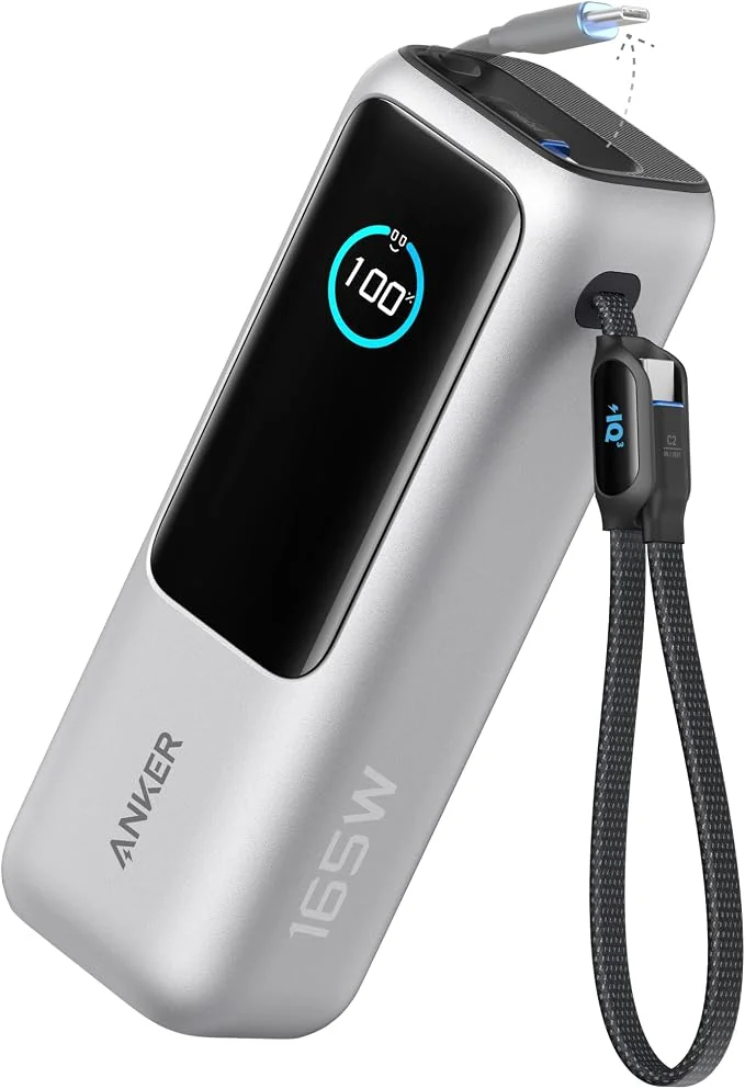 Anker Laptop Power Bank, 25.000mAh Carregador Portátil para Notebook | 3-Portas 165W USB-C,Cabos Retráteis Integrados, Aprovado para Viagens Aéreas, Compatível com iPhone 17/16/15, Samsung, Xiaomi
