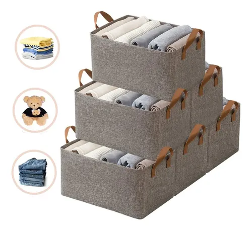 Kit 6 Cesto Caixa Organizadora Guarda Roupa Grande Dobrável Cinza