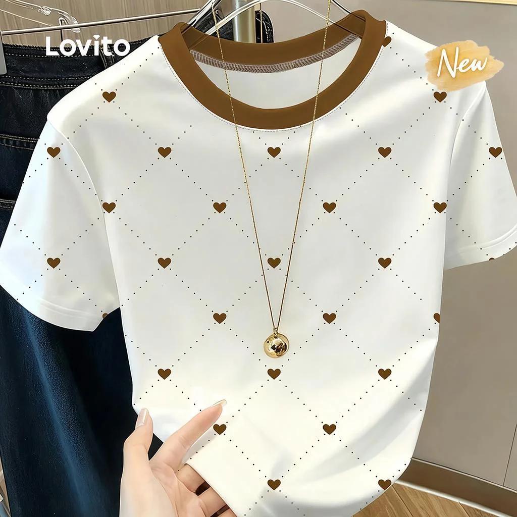 (New Arrival) Lovito Camiseta Casual de Tecido com Costura de Padrão Colorida Primavera/verão para Mulheres LK6EDD203