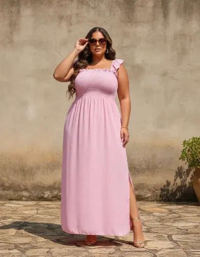 Vestido Longo Plus Size Lastex Barato Evangelico G1 G2 G3 Rosa Bebe Plus Unico