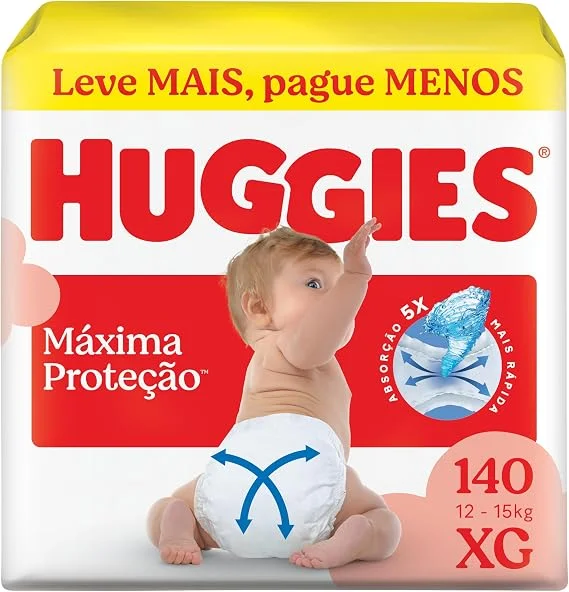 Fralda Descartável Huggies Máxima Proteção Tamanho XG 140 unidades – aberta com tecnologia Xtra-Flex, canais em X que se adaptam aos movimentos e máxima proteção