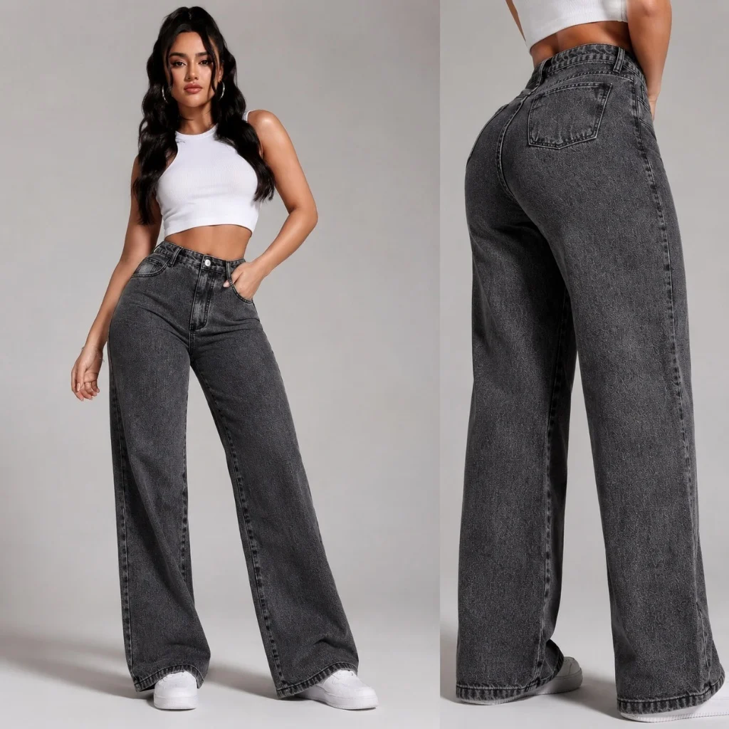 Calça Wide Leg Jeans Marmorizada Premium Levanta Bumbum Cintura Alta Perna Larga Calça Pantalona