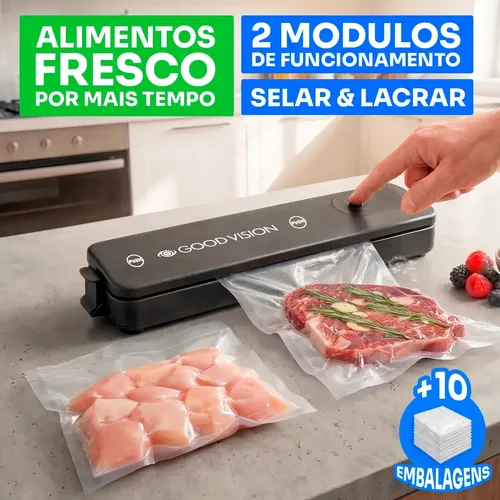 Seladora A Vácuo Para Alimentos Portátil Domestica Com 10 Sacos Digital 20cm Desligamento Automático Potencia 90w Bivolt Cor Preta - Good Vision 127/220v Preto