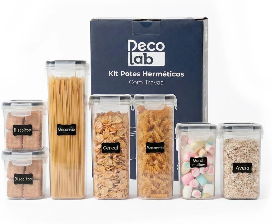 Decolab Kit Potes Herméticos com Vedação de Silicone Plástico BPA Free - Organizador de Geladeira, Porta Cereais, Temperos e Mantimentos (7, Transparente, Retangular) 2x0,8L / 2x1,4L / 2x2,0 / 1x2,8L