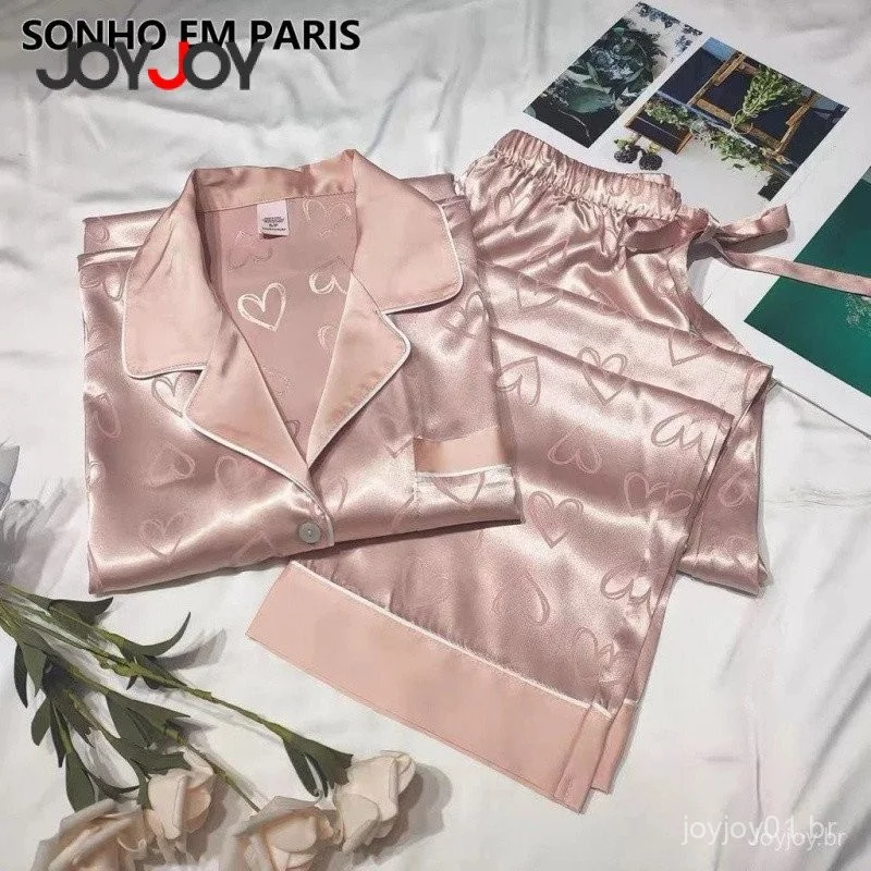 Conjunto de Pijamas de Seda Fina para Mulheres – Manga Longa, Ideal para Verão e Outono, Estilo Elegante e Confortável