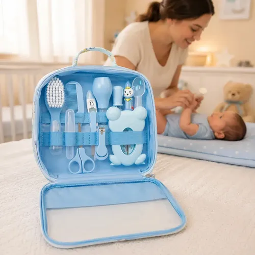Kit Higiene Bebê Completo Azul Bolsa Maternidade Termômetro Digital Escova Pente Cortador Unha Aspirador Nasal Cuidados Recém Nascido Enxoval Acessórios Higiene Infantil Segurança Louis Riel Acustico
