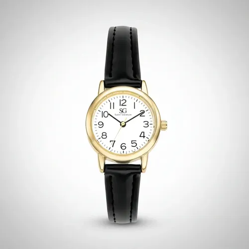 Relógio Feminino Dourado Saint Germain 24mm Correia Preta Caixa Dourada Fundo Branco Elegante Clássico Delicado