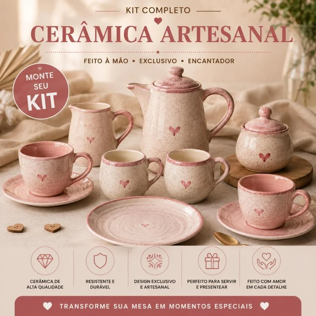 Peças disponíveis  de Xícaras de Cerâmica Rosa com Pires e Leiteira | Conjunto Café Completo Decorativo