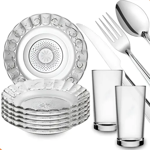 Aparelho De Jantar 30 Peças - Pratos + Copos + Talheres Inox