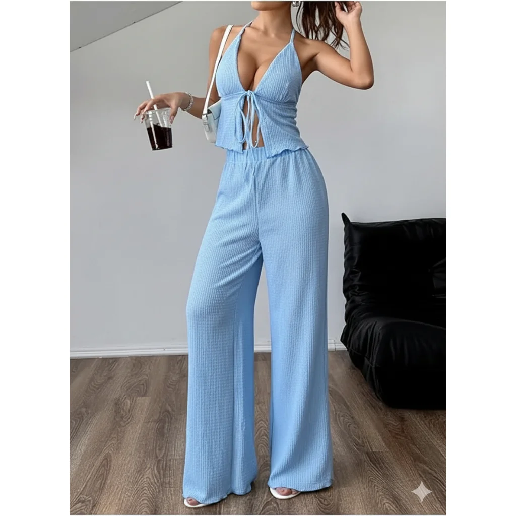 Conjunto Feminino Liz Calça Pantalona Inverno + Blusinha Top Amarração Look Versátil