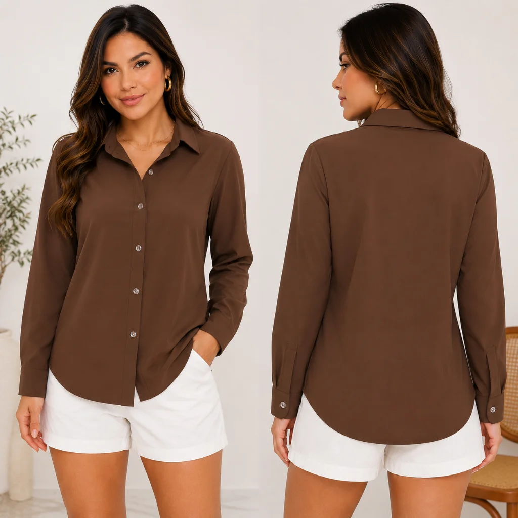 Camisa Social Manga Longa Feminina Listrada Crepinho