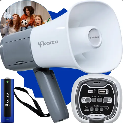 Megafone De Mão Kaizu Profissional 900m Amplificador Recarregável 20w Usb Com Sirene E Gravador Cartão De Memória 300s Palestras Show Protestos Reuniões Volume Alto Voz Potente Branco