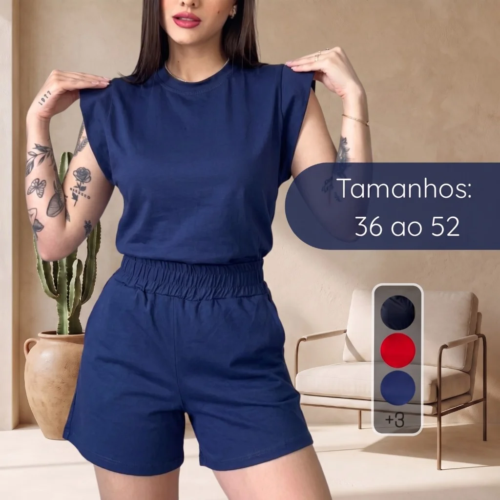 Conjunto Feminino Casual Blusa e Short Liso Algodão Premium